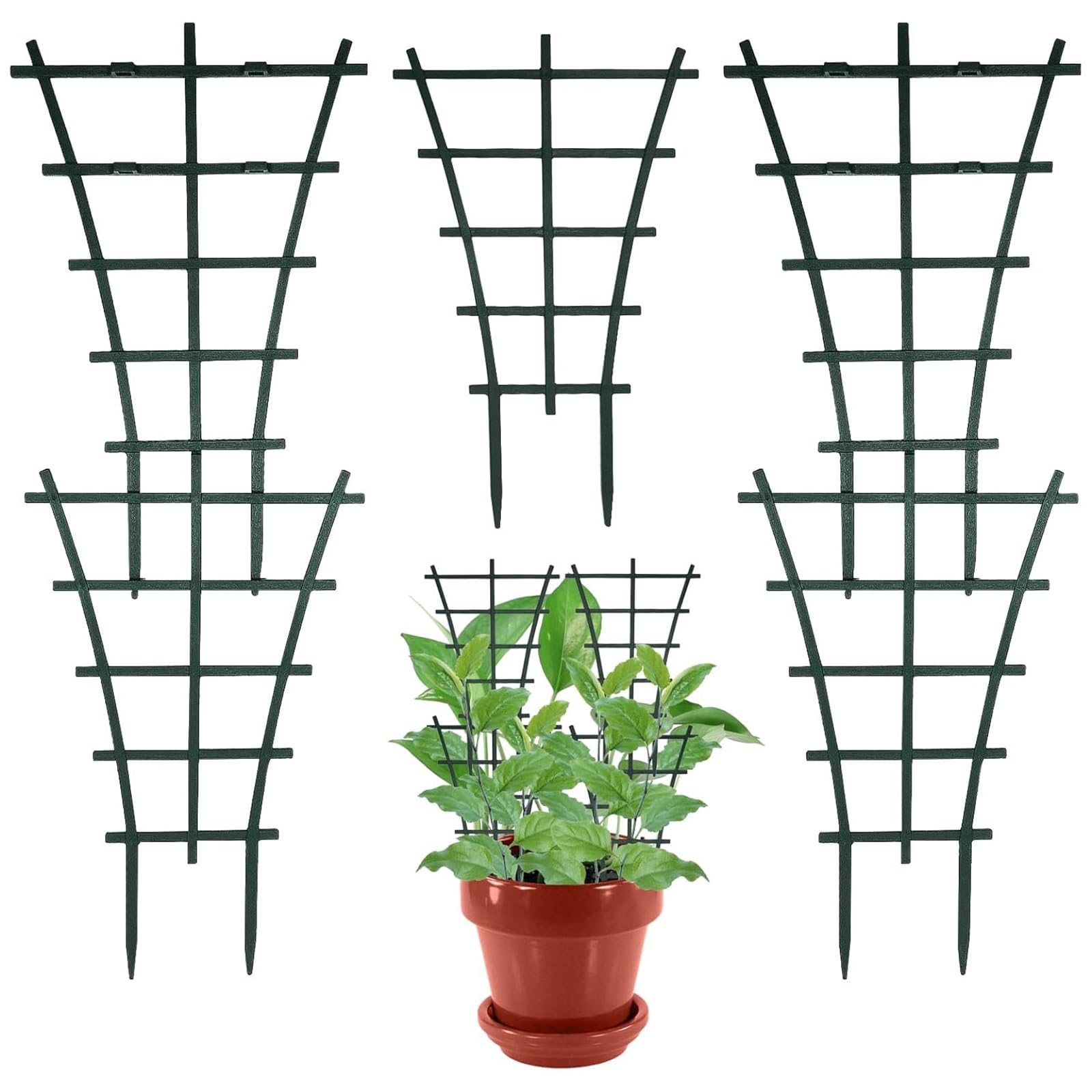 UZSUZZ 25x15 cm Mini Garden Plant Support, 5 Pack Small Trellis, Plastic Climbing Trellis, Superimposed Flower Pot Supports for Outdoor Indoor Potted Climbing Plants Vines (Green)