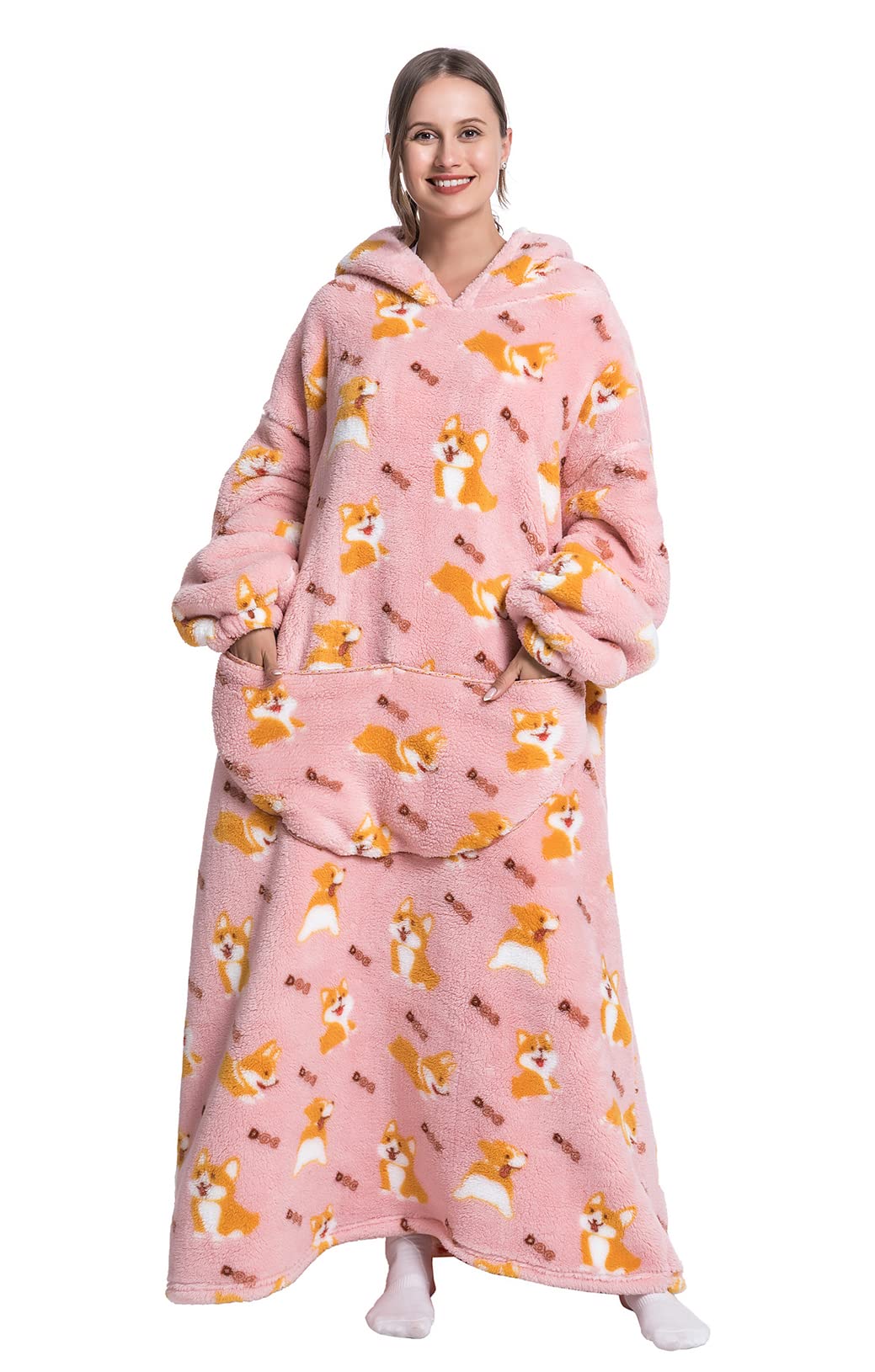 Corgi Extra Long Wearable Blanket Hoodie, Oversized Blanket Sweatshirt for Women and Men, Super Warm and Cozy Giant Hooded Blanket with Thick Flannel Material and Giant Pocket