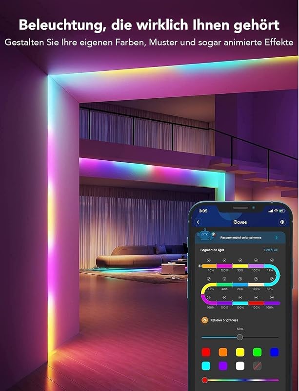 LED Strip 5m, RGBIC LED Streifen mit Segmentcontrol, Musik Sync, 64 Szenenmodus, Steuerbar via App-Steuerung,Farbwechsel, Geeignet für Zuhause Schlafzimmer