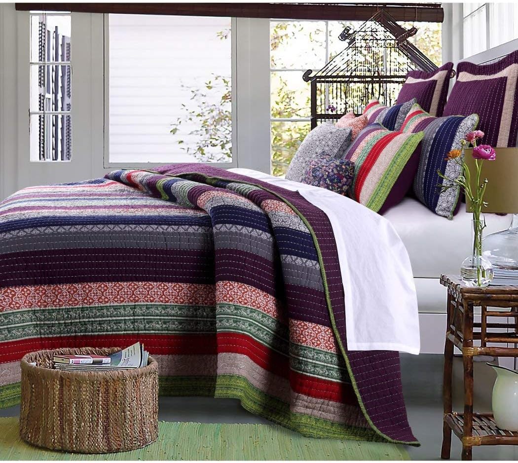 3 Piece Multi Patchwork Stripes Pattern Oversize Quilt King