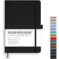 RETTACY Lined Journal Notebook, 192 Numbered Pages, A5 Medium Size (5.7'' x 8.3''), for Men & Women, Journaling, Writing, Work & Office, Leather Hardcover, 100 GSM Thick Paper (Black)