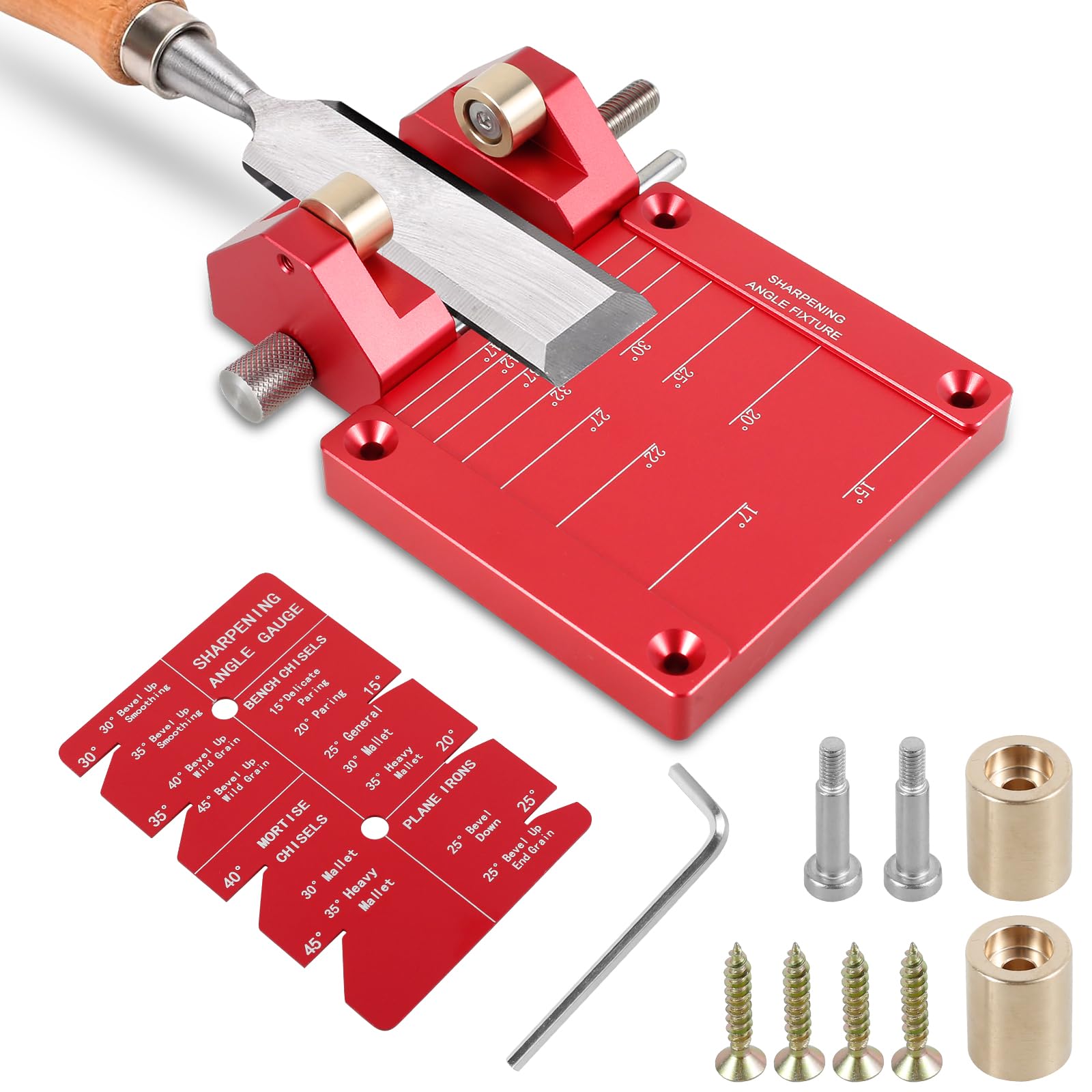 Chisel Honing Guide System Adjustable Chisel Sharpening Jig with Sharpening Angle Fixture and Angle Gauge, Chisel Sharpening Kit for Woodworking 5/32inch-3inch Chisels and Planes(red)