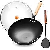 WANGYUANJI Carbon Steel Wok Pan with Lid, 12.6" (32cm) Flat Bottom Wok for Electric, Induction & Gas Stoves, No Chemical Coating Spun Iron Stir Fry Pan, Traditional Chinese Wok with Spatula