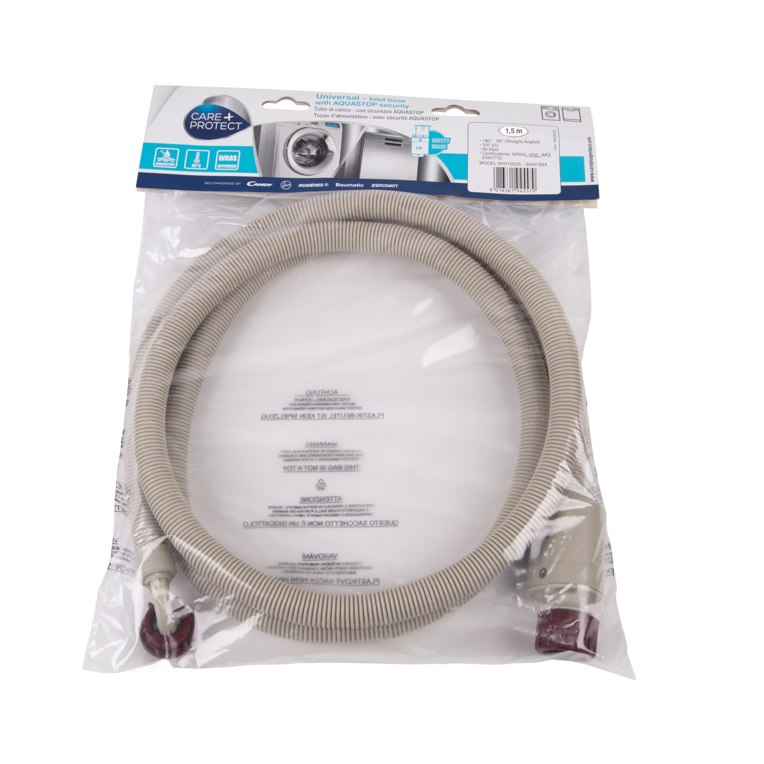 Care+Protect Inlet Hose with Aquastop Security Valve 1.5M - up to 93°C - Prevents Potential Flooding of the Home Due to the Water Inlet Hose Breaking