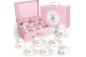 IAOVUEBY Porcelain Tea Set for Girls, Tea Party Set for Little Girls, Kids Tea Set Kitchen Pretend Play, Princess Tea Time Playset with Teapot Cups Carry Case, Toddler Girl Toys Birthday Gifts Age 3+