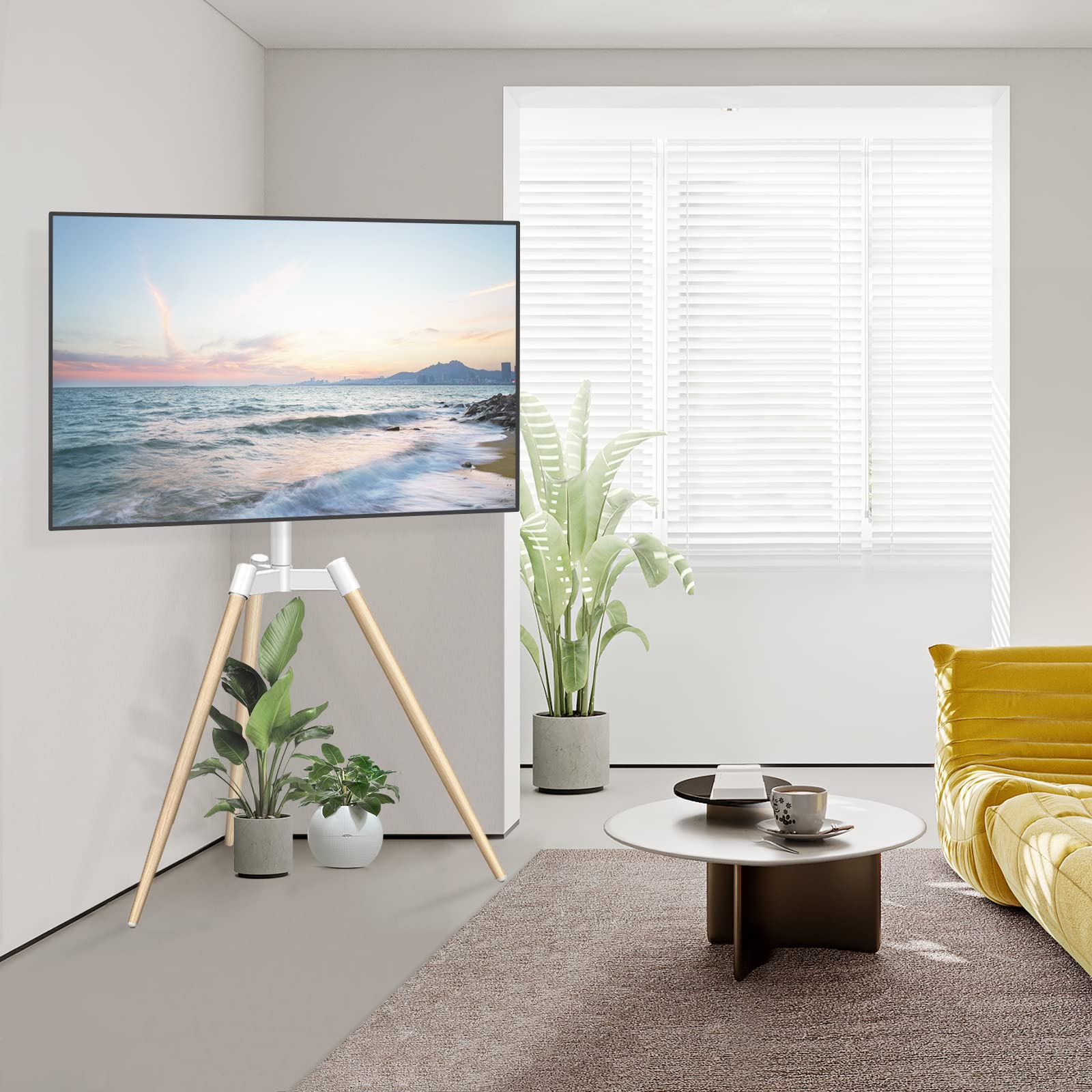 TVON Tripod Easel TV Stand for 37–65 Inch LED LCD Flat/Curved Screen TVs up to 77 lbs, Height Adjustable Corner TV Stand with Cable Management and 180° Swivel for Bedroom, Living Room, Studio, White