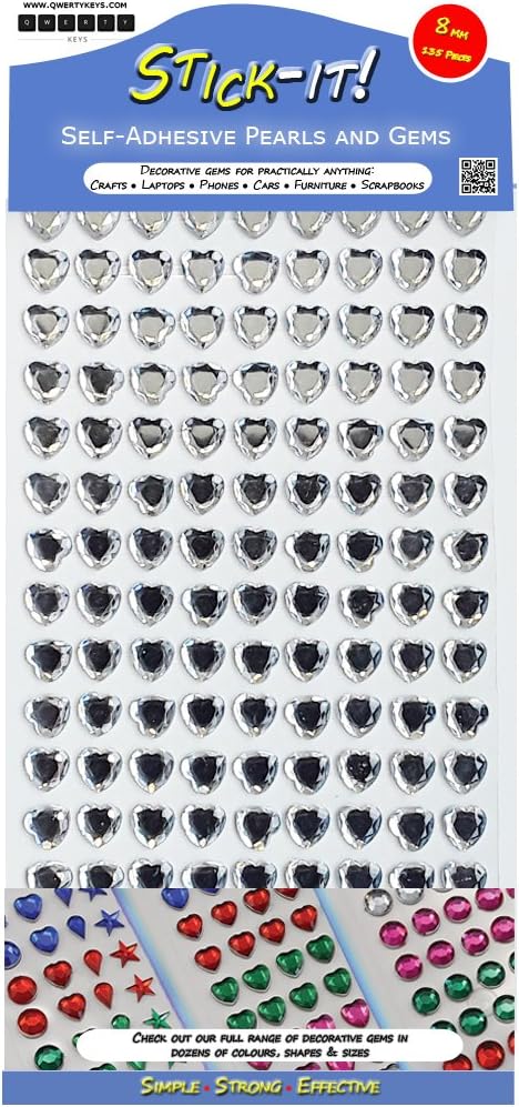 Heart Shaped Rhinestone Sticky Stick On Self Adhesive Diamante Coloured Crystal Gems - Silver 8 mm (135 Gems)