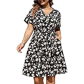 Nemidor Women Plus Size Summer Dress Boho Swing Casual Pocket | V neck, short sleeve, elastic waist, size 14&ndash;26 plus, knee length, A-line, beach, party, outdoors, vacation, wedding guest