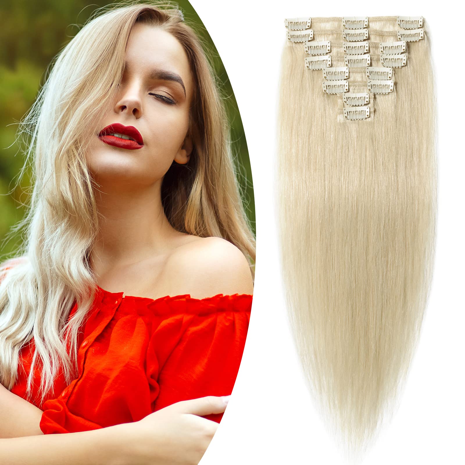 16 inches SEGO Hair Extensions Clip in Remy Real Human Hair [#60 Platinum Blonde] 8 PCS 18 Clips Natural Hairpieces for Women Straight THIN Weft Invisible (65g) — image 1