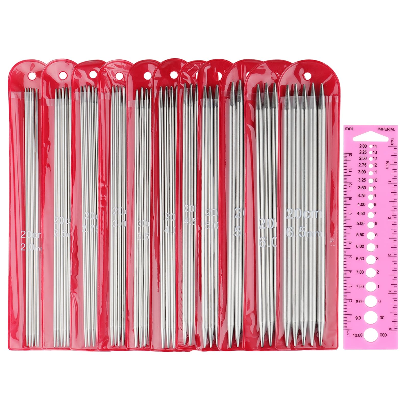 Coopay Double Ended Knitting Needles, Double Pointed Knitting Needle Short Metal 20cm, DPN Sets, Straight Needle Kit for Beginner and Children, Sock Knitting Needles 55 Pack and Knitting Gauge — image 1