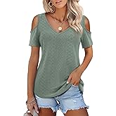 Amoretu Womens Short Sleeve Cold Shoulder Basic Tee Tops Shirts