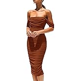 PRETTYGARDEN Summer Off The Shoulder Ruched Bodycon Dresses Sleeveless Sexy Party Club Midi Dress