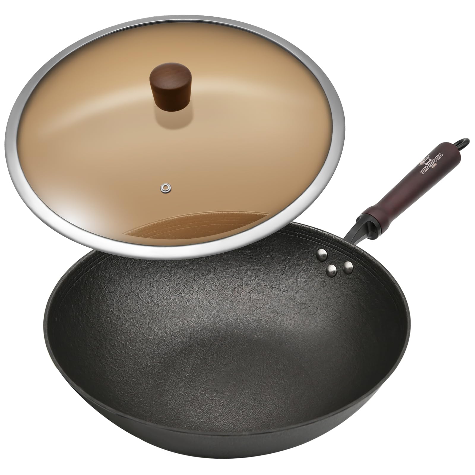 Photo 1 of (USED/FAIR) Cast Iron Wok Pan, 11.8" Preseasoned Nonstick Stir-Fry Pans with Glass Lid and Wood Handle, Uncoated Traditional Chinese Wok for Induction, Electric, Gas Stoves