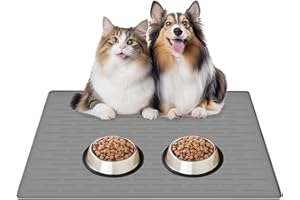 CINEZUN 32"x24" Large Silicone Pet Feeding Mat, Waterproof Non-Slip Dog and Cat Bowl Mat for Food & Water, Durable Floor Protector to Prevent Spills, Easy to Clean, Light Gray