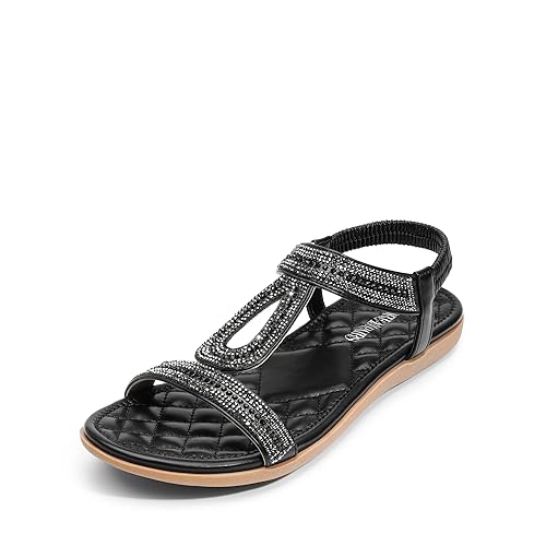 DREAM PAIRS Womens Flat Sandals Open Toe Diamante Bohemian Summer Beach Holiday Ladies Sandals,Size 4.5,Black,SDFS2334W-E