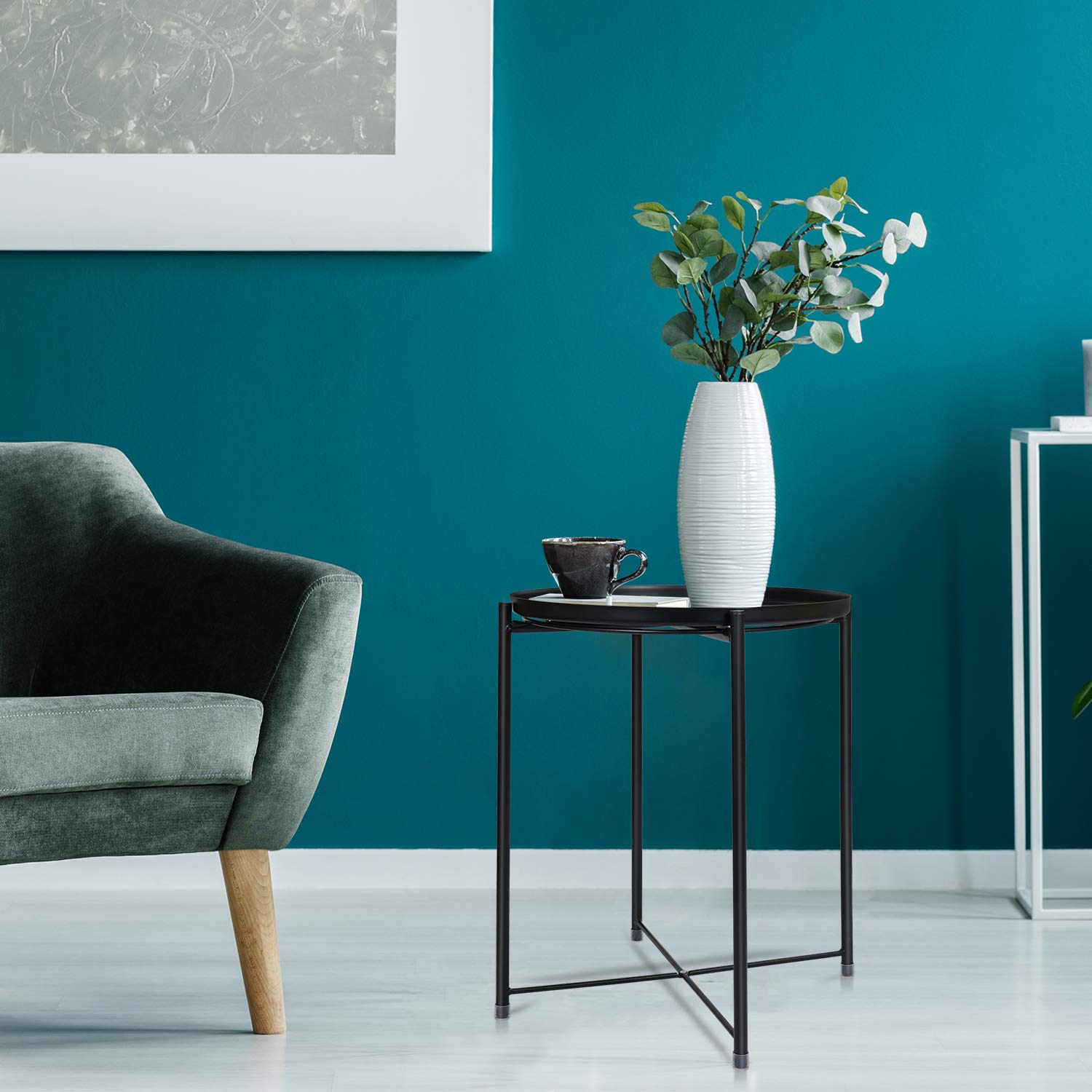 Tray Metal End Table, Small Round Side Tables,Metal Nightstand, Sofa Side Snack Table with Removable Tray for Living Room Bedroom Outdoor & Indoor (Black)