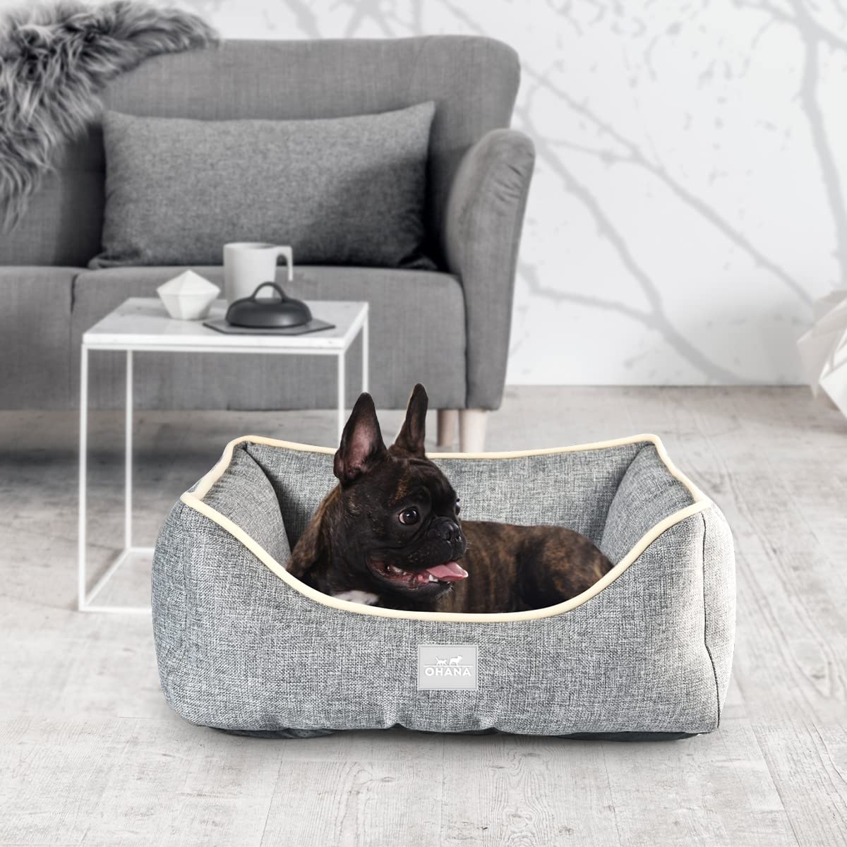 OHANA ATHENS SQUARE LINEN FUR-LINED MEDIUM GREY DOG BED