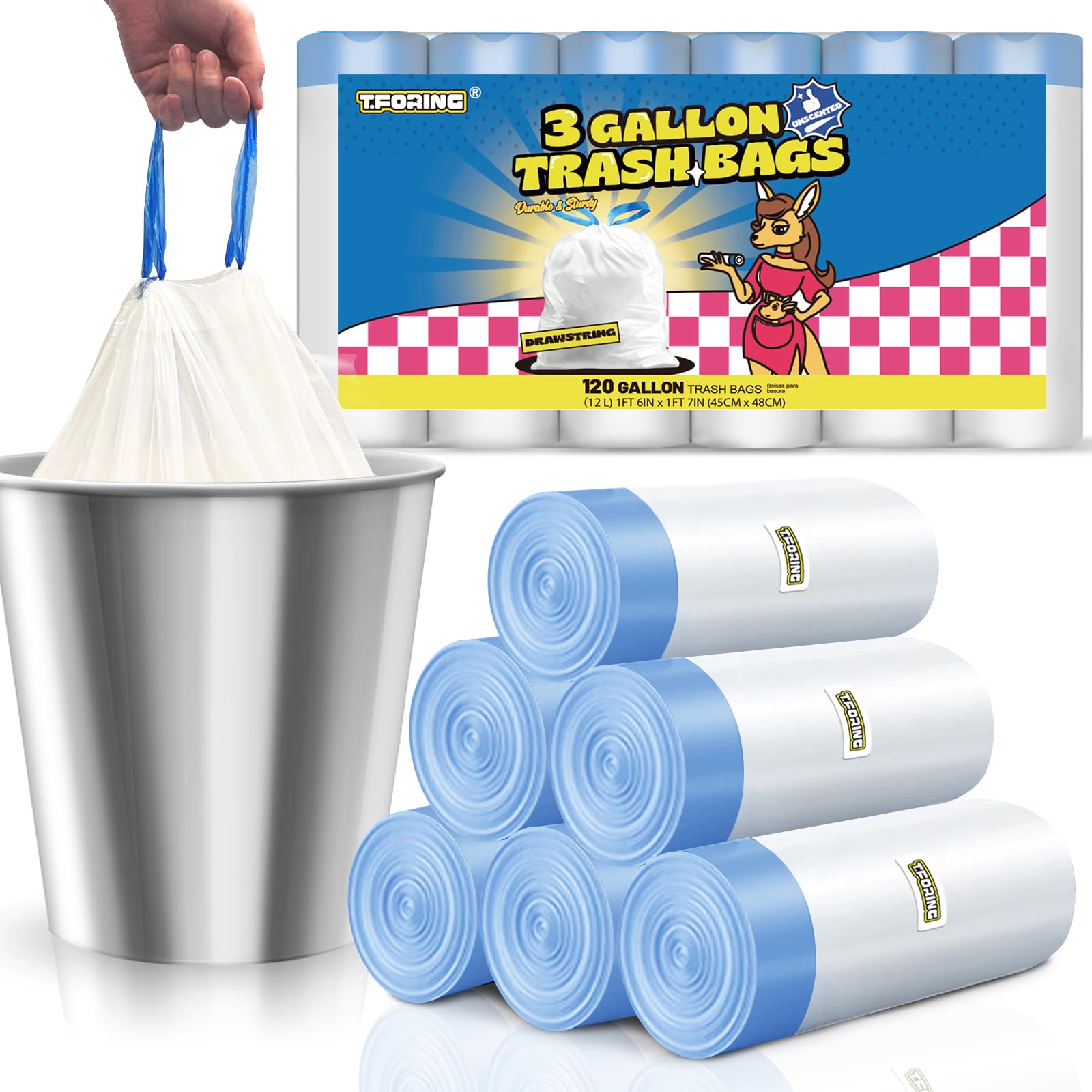 Photo 1 of T.FORING 3 Gallon Trash Bags Drawstring 0.96 Mil - 120 Count 12 Liter Small Garbage Bags for Bathroom, Strong White Unscented Plastic Wastebasket Bin Liners for Toilet Office and Bedroom