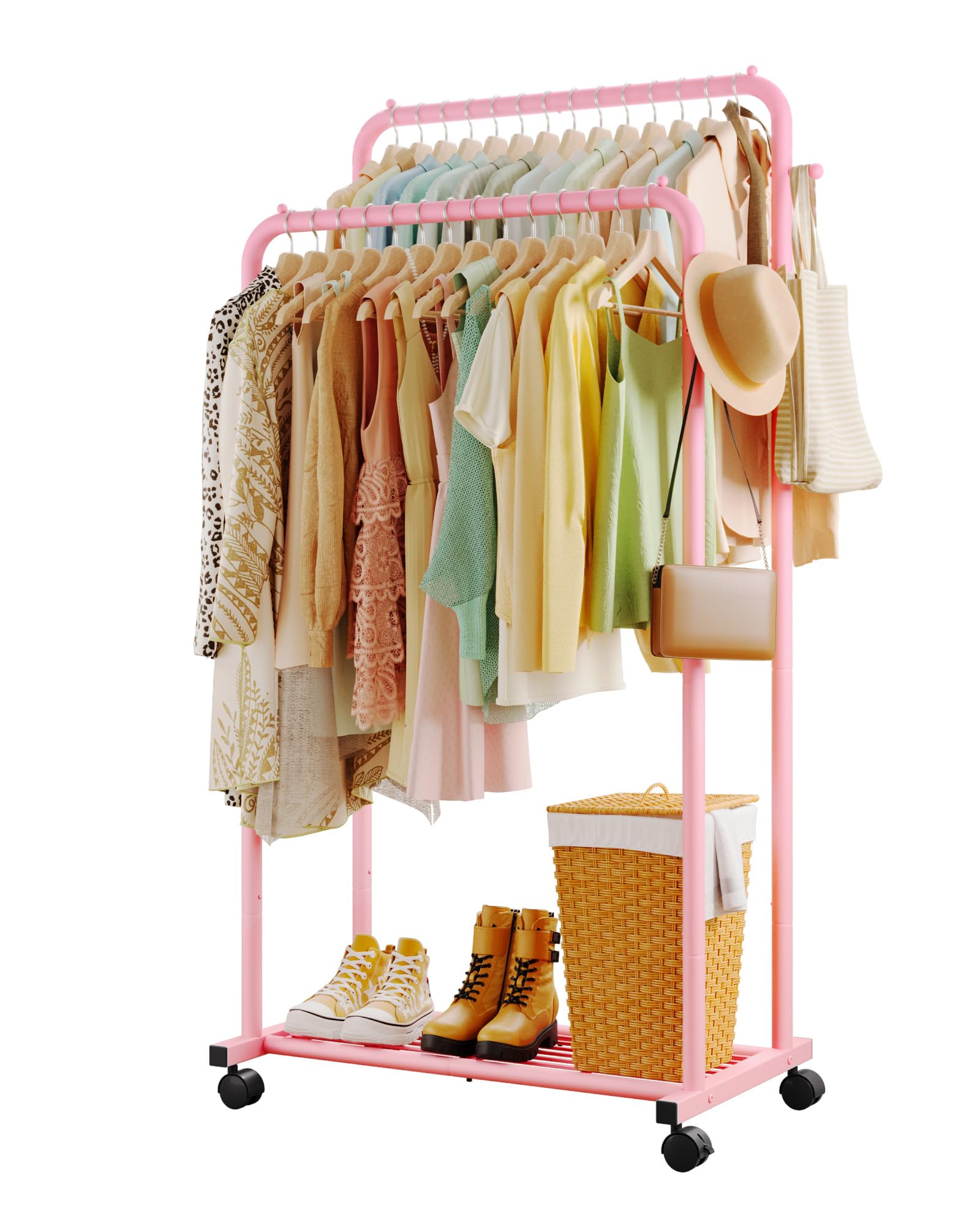 Photo 1 of Sakugi Clothes Rack - Double Rods Clothing Rack with Mesh Shelf, Hooks & Wheels, Metal Clothing Racks for Hanging Clothes & Bags, Multifunctional Garment Rack for Laundry, Pink, 28.7" x 16.5" x 59.1"