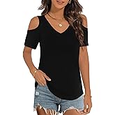 Elesomo Womens V Neck Cold Shoulder Tops Short/Long Sleeve Summer T Shirts Basic Tees