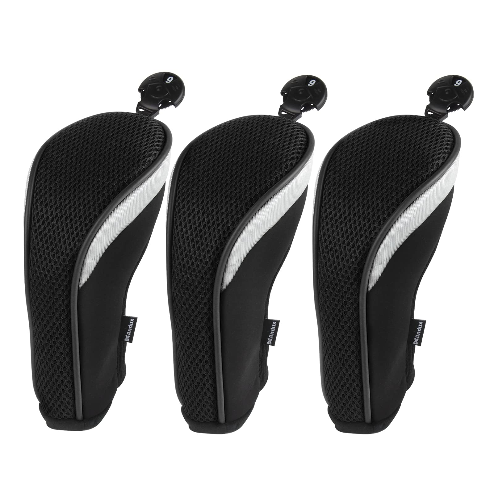 Andux Golf Hybrid Club Head Covers Short Neck with Dial No. Tag Pack of 3 Black