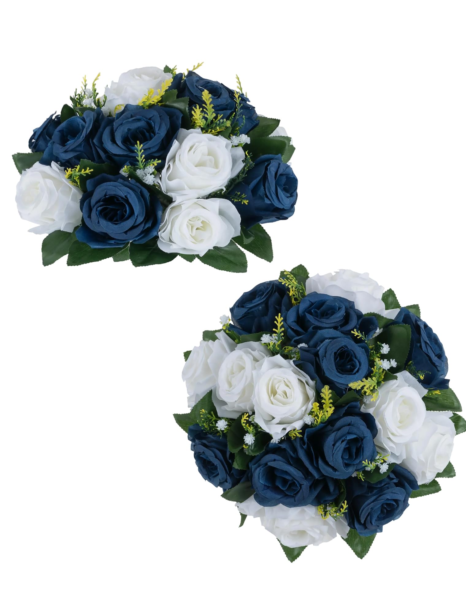 BLOSMON Flower Centerpieces for Tables Wedding 2 Pcs Navy Blue & White Fake Flowers Rose Arrangement Bouquet Floral Centerpiece Balls Artificial Wedding Center Pieces of Valentines Day Home Decor