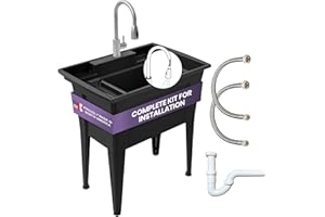 Freestanding Utility Sink with Stainless Steel Gooseneck Faucet - 32" Plastic Utility Sink for Garage, Laundry, Indoor and Ou