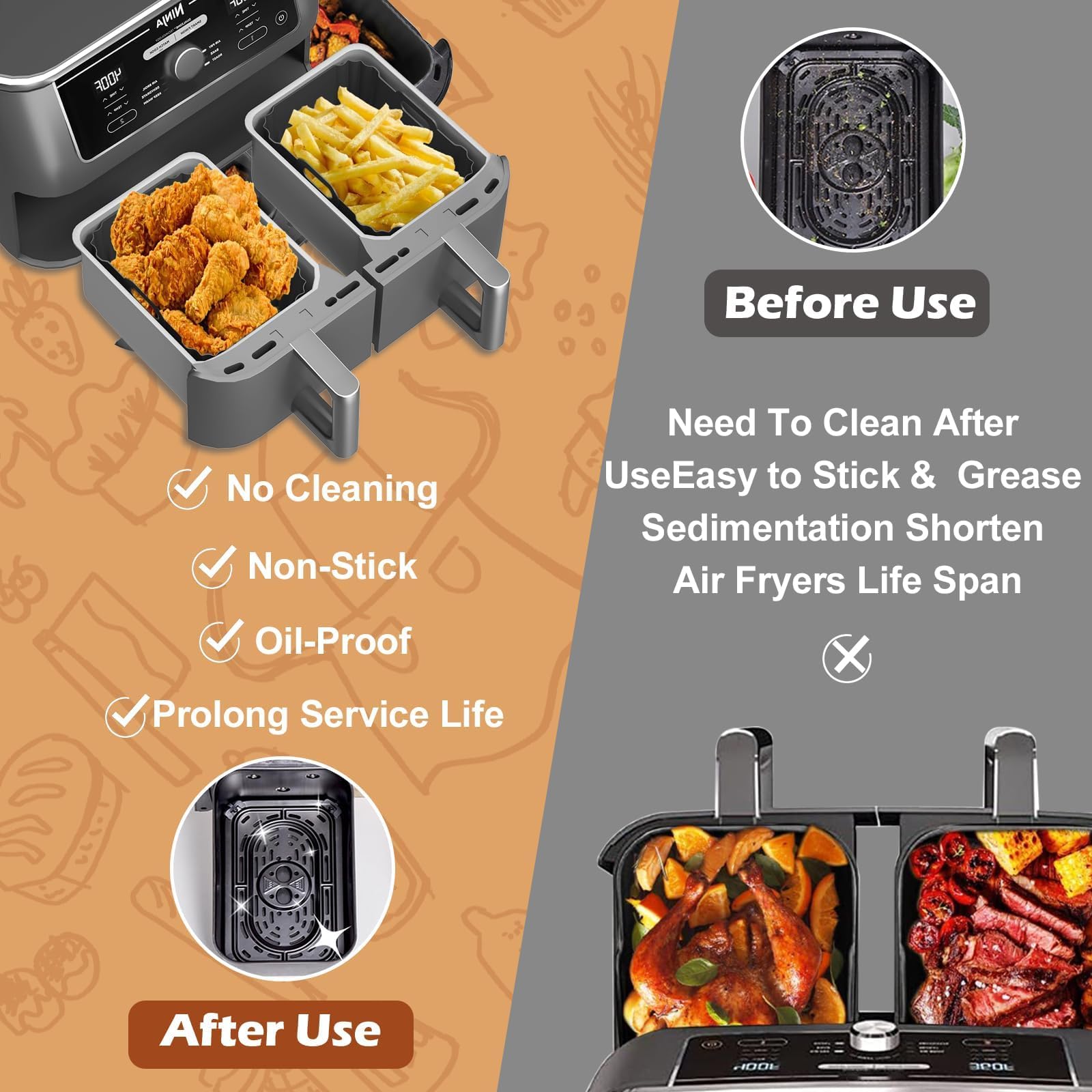 2PCs Silicone Air Fryer Liners for Ninja DZ401, DZ550, DZ302, COSORI 9QT Air Fryer, Rectangular Reusable Liners Accessories for Ninja Foodi 2-Basket 10 QT