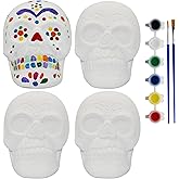 Creative Hobbies 4 Pack of Ready to Paint Ceramic Bisque Sugar Skull Shape Halloween Figurines - Includes Paint, Brushes and How to Guide | Sugar Skull