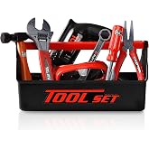 Playkidz Tool Box for Kids 22-Piece Boys &amp; Girls Construction Toy Playset w/ Carry Chest, Working Push Button Power Drill, Hammer, Screwdriver, Wrench, Pliers, Saw &amp; Other Realistic Tools Ages 3+