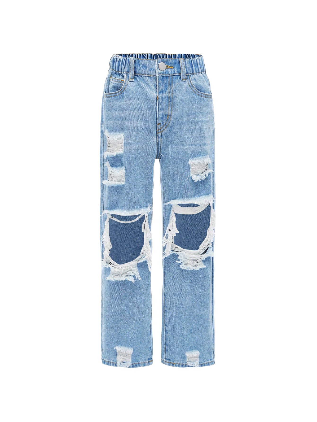 Photo 1 of Floerns Girls Elastic Waist Distressed Ripped Straight Leg Denim Jean Light Blue 9Y