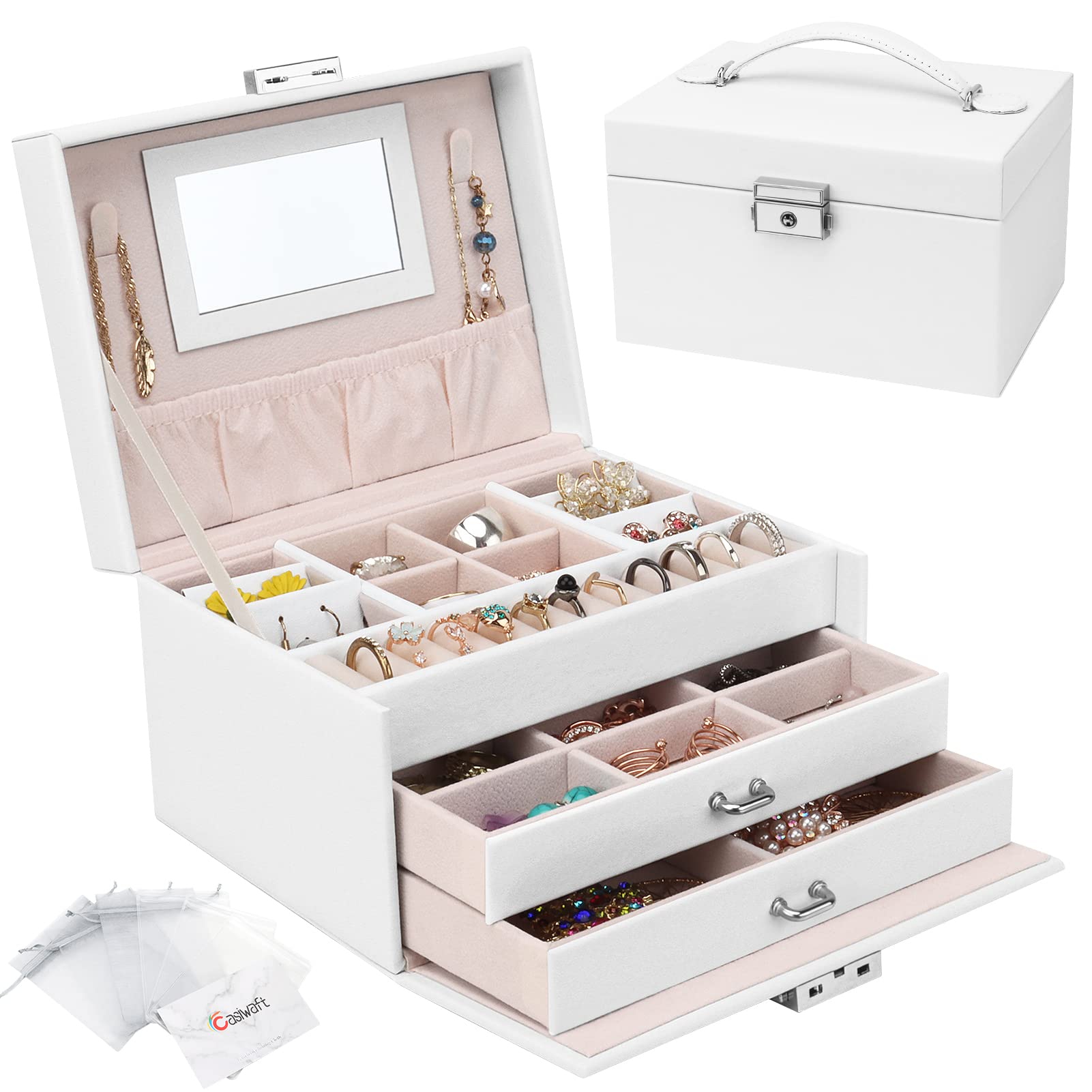 Jewellery Box Organiser, 3 Layers PU Leather Jewelry Storage Case with Mirror and Lock, Lockable Jewellery Organiser with 2 Drawers for Rings, Bracelets, Earrings, White