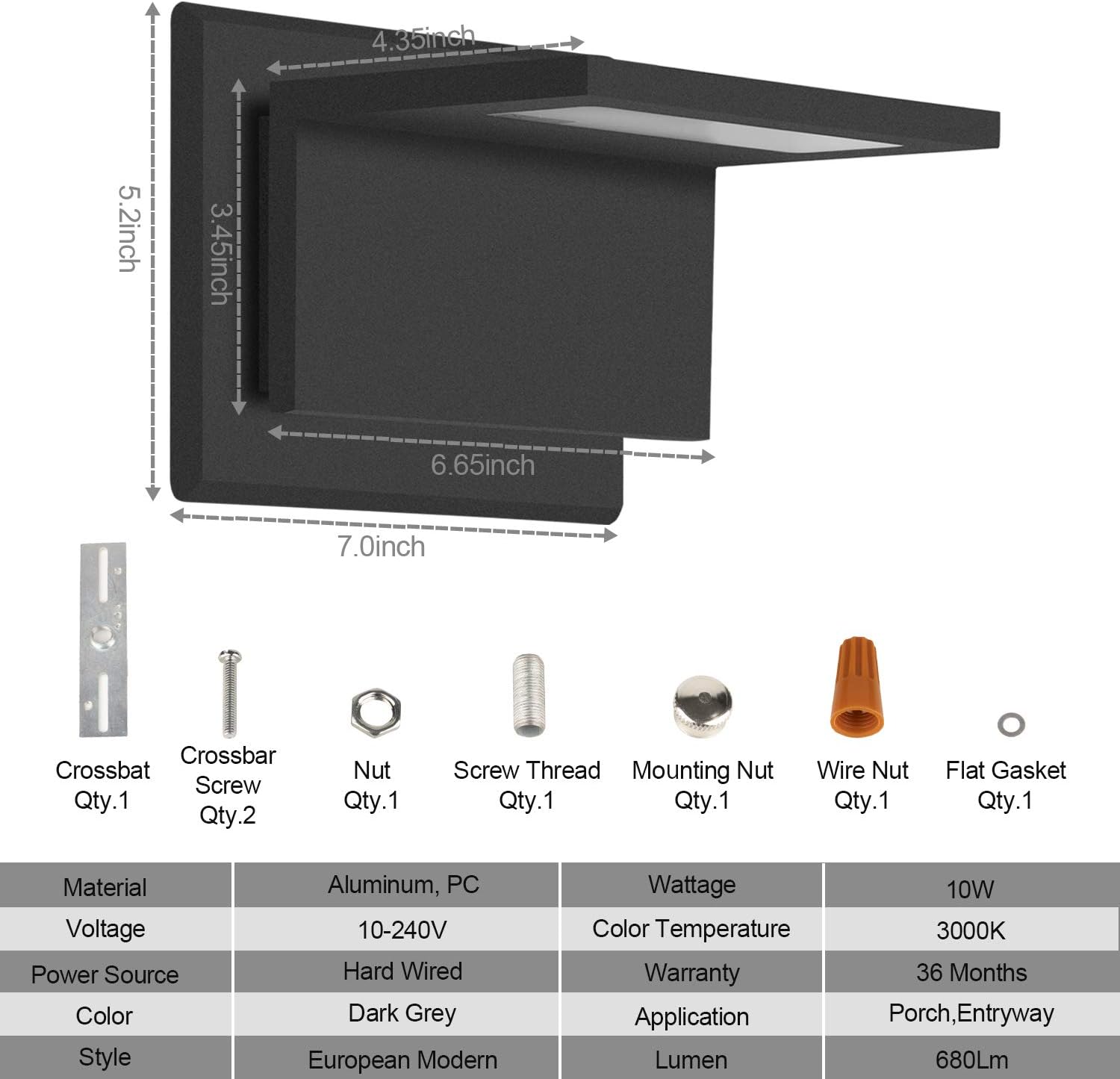 Inowel Outdoor Wall Sconce Exterior IP54 Waterproof LED Wall Light Fixture Kit Modern Wall Mount Lamp Lantern Anti-Rust Matte Dark Grey Finish Aluminum Light Body for Porch Entryway 10W 680Lm 3000K - - 