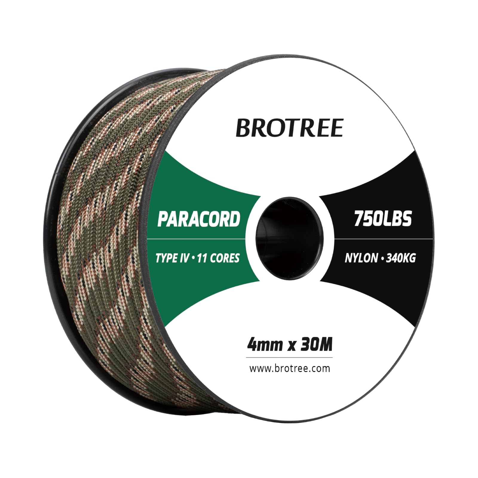 Brotree Paracord 4mm 30M 100% Nylon Rope 11 Strands 750lb Parachute Cord Type IV for Survival, Outdoor and DIY - 340kg Breaking Load (Forest Camo)
