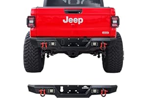 CLAMBER Off-Road Rear Bumper for Jeep Gladiator JT 2020 2021 2022 2023 2024 2025 Textured Black Back Bumper Guard Heavy Duty Carbon Steel with 2PCS LED Flood Lights & Compatible Trailer Plug