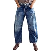 Flamingals Mid Rise Barrel Leg Jeans for Women Baggy Boyfriend Trendy Wash Loose Denim Jeans