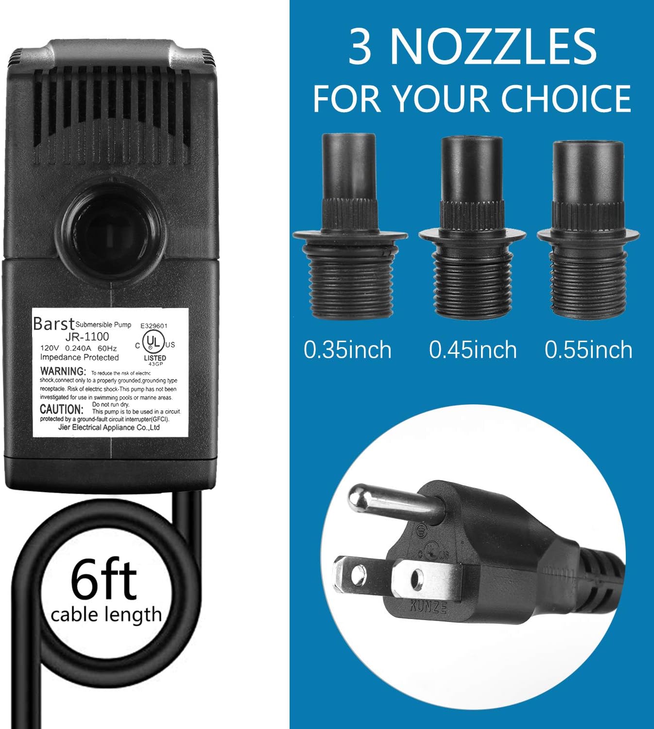 BARST 290GPH Submersible Water Pump with Filter(1100L/H, 16W), Ultra Quiet Aquarium Pump for Fountains, Pool, Fish Tank, Pond, Statuary Fountain Pump with 4 Strong Suction Cups,3 Nozzles: Home Improvement