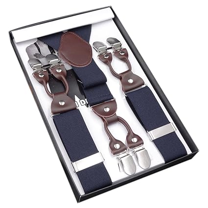Panegy Herren Hosenträger Y-Form Stil 6 Stabile Clips 3.5cm Breite Retro Knopf Geblümt Männer Hosenträger mit Leder Elastisch