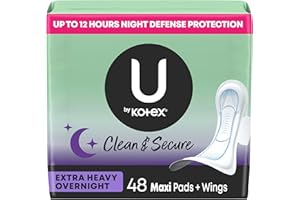 U by Kotex Clean & Secure Overnight Maxi Pads with Wings, Extra Heavy Absorbency, 48 Count (2 Packs of 24) (Packaging May Vary)