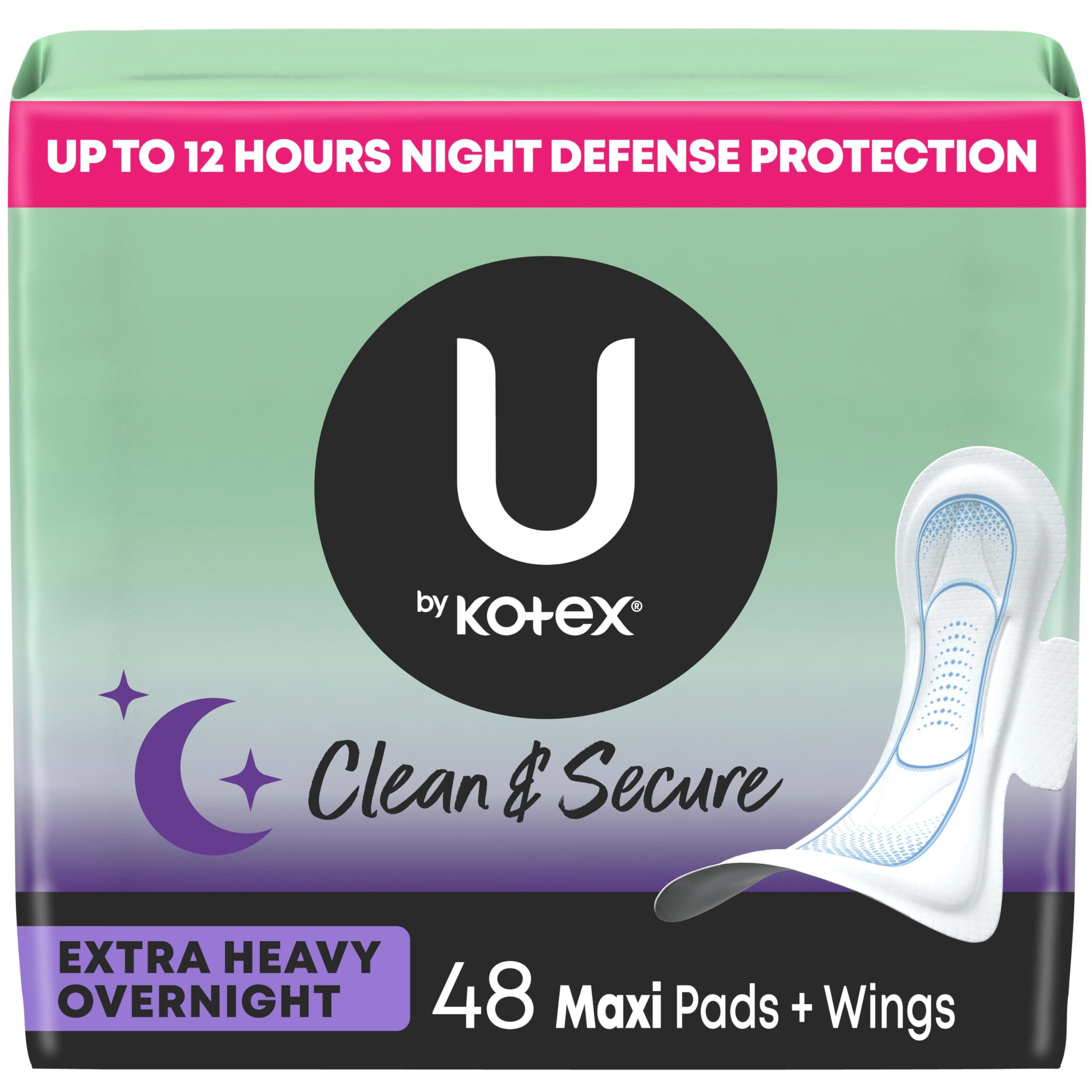 U by Kotex Clean & Secure Overnight Maxi Pads with Wings, Extra Heavy Absorbency, 48 Count (2 Packs of 24) (Packaging May Vary)