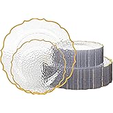 Pryntono 100 PCS Clear Stone Texture Plastic Plates with Gold Rim, Heavy-duty Clear Disposable Plates, Include 10" Dinner Plate and 7" Salad Plate for Party and Wedding