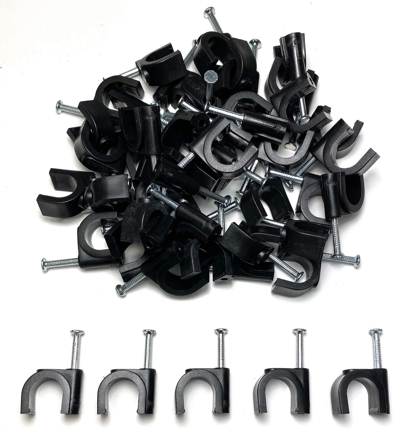 TR Cable® Pack of 50 Round Black Cable Clips with Strong Nails - Durable & Versatile, Ideal for Indoor/Outdoor Cable Management, 12mm