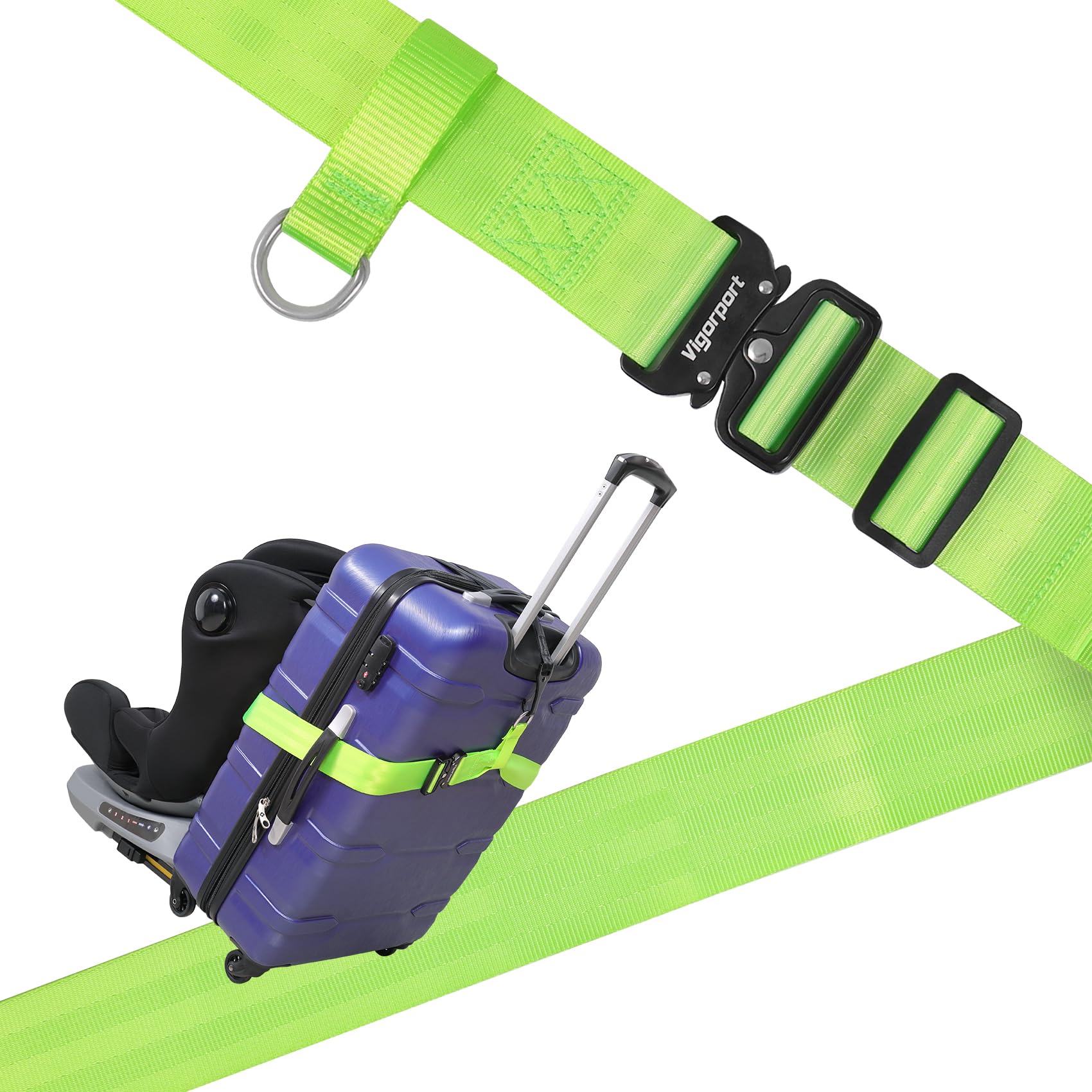Photo 1 of Vigorport Travel Belt, Luggage Strap to Convert Carry-on Luggage into Airport Stroller Carrier, Metal Buckle (Green, 76 Inch?Metal Buckle)