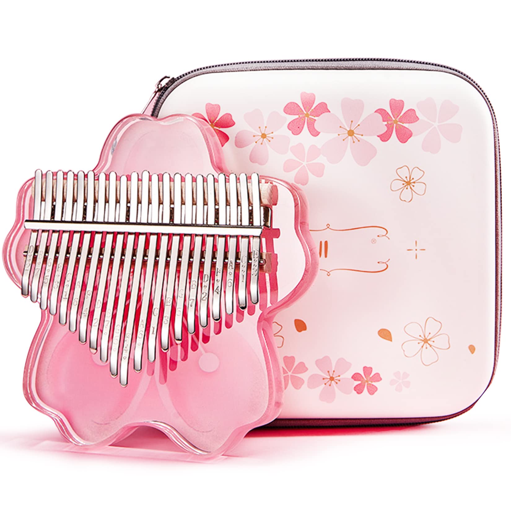 BOTOWI 21 Keys Clear Kalimba Thumb Piano Full Kit, Sakura Shape Transparent Crystal Kalimba 17 Key with EVA Protective Case, Professional Musical Instruments for Kid Adult Beginners,pink 21 keys