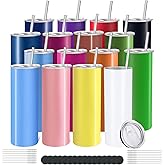 YOUKE OLA 16 Pack Skinny Tumblers 20oz Bulk Straight Stainless Steel Double Wall Vacuum Insulated Tumbler with Lid and Straw & Silicone Base for Travel, DIY, 16 Colors