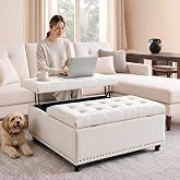 Tbfit 35.5 Inch Large Square Ottoman with Storage, Lift Top, Beige | Lift Top Storage Ottoman Coffee Table, Upholstered Footrest and Extra Seat for Living Room or Bedroom; Supports up to 300 lbs