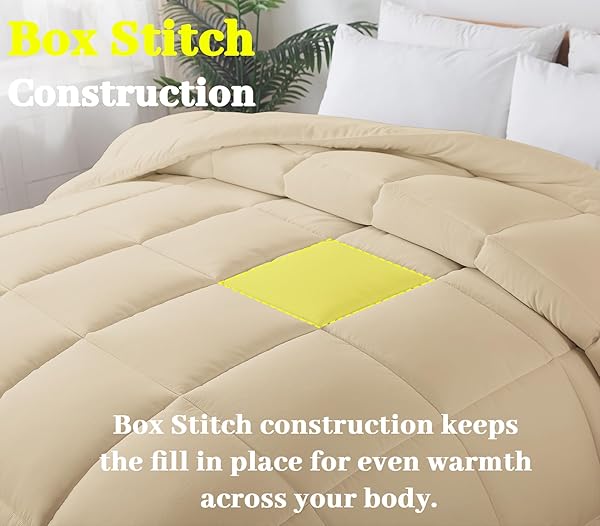 BEDTREAT DOWN ALTERNATIVE COMFORTER FULL DUVET INSERT WITH CORNER TABS, ALL SEASON QUILTED BED COMFORTER BOX-STITCHED FULL COMFORTER BEIGE，MACHINE WASHABLE MICROFIBER BEDDING