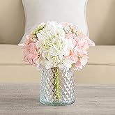 Wracra Hydrangeas Floral Arrangement in Glass Vase, Fake Flowers Silk Hydrangea Artificial Flowers with Vase for Home Office Decoration, Dining Table Centerpiece(Pink)