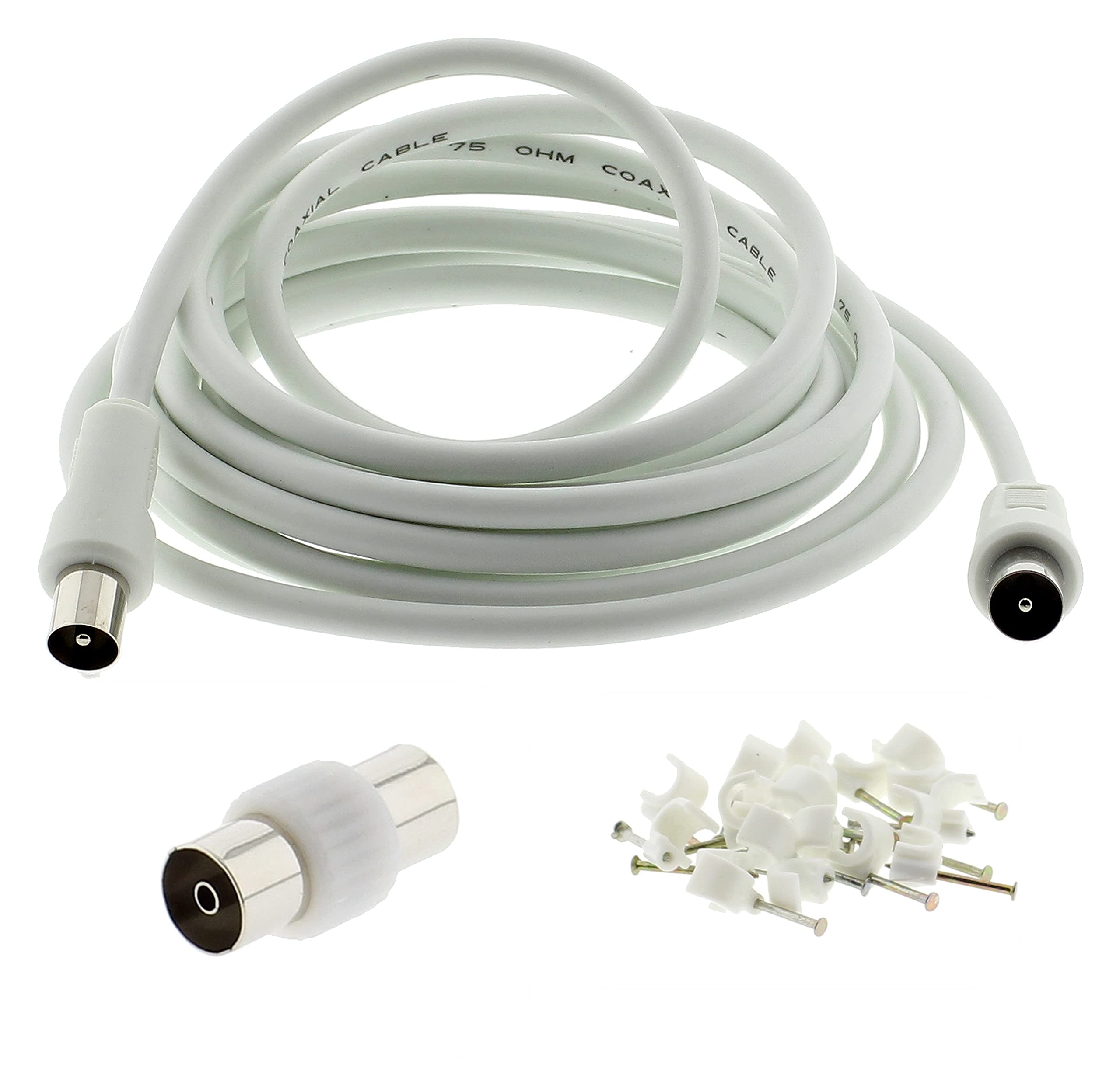 3C2V TV Coaxial Cable 5M - Nickel Plated RF Coax Extension Lead for Freesat, Aerial Socket, Freeview, Sat,DVD,VCR,SKY, Smart U-HD TV, Virgin, BT, Antenna Box, Y Splitter, Signal Booster 5 Meter