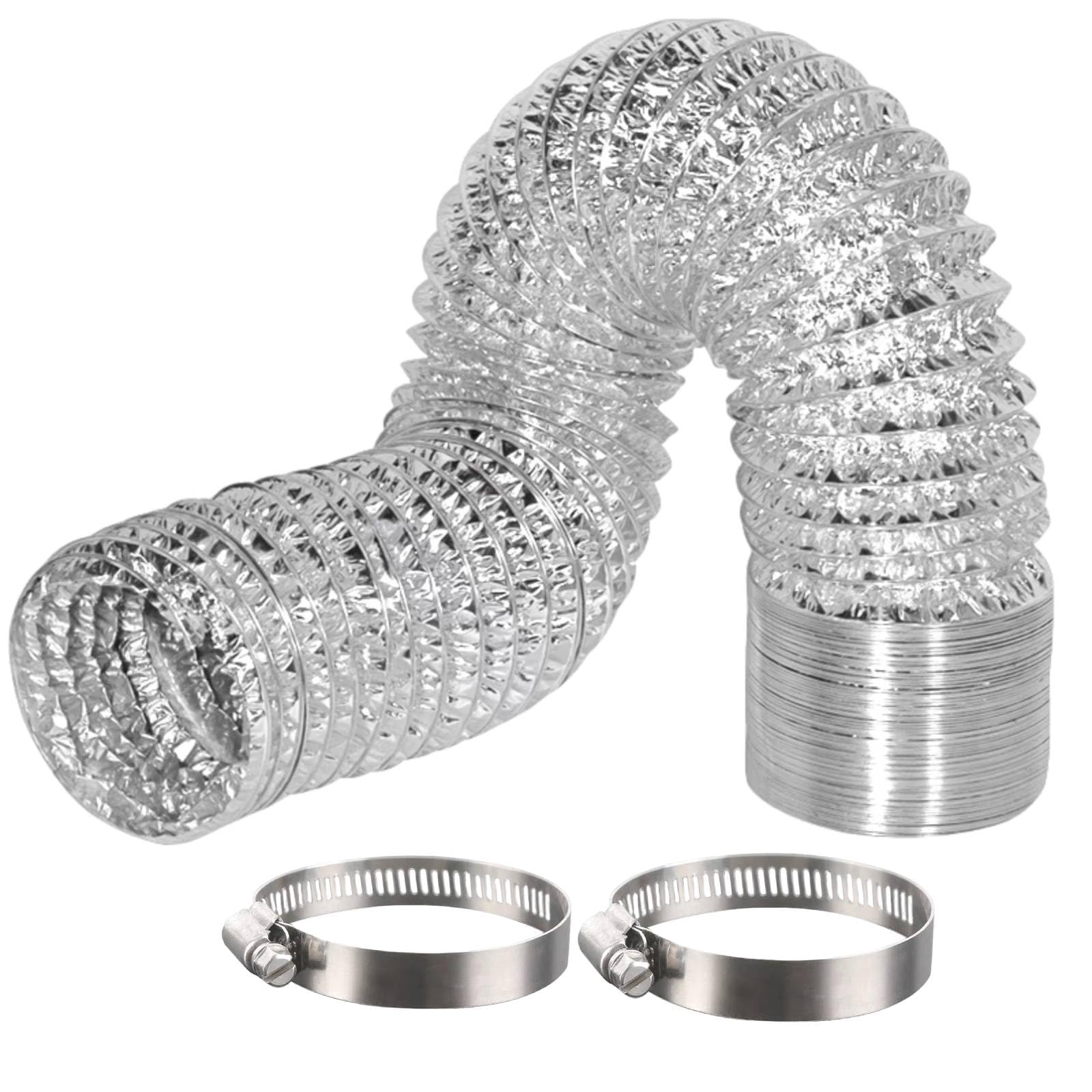 SunStream 6 Inch 32 Feet 150mm Non-Insulated Flex Air Aluminum Ducting Dryer Vent Hose for HVAC Ventilation, 2 Clamps Included